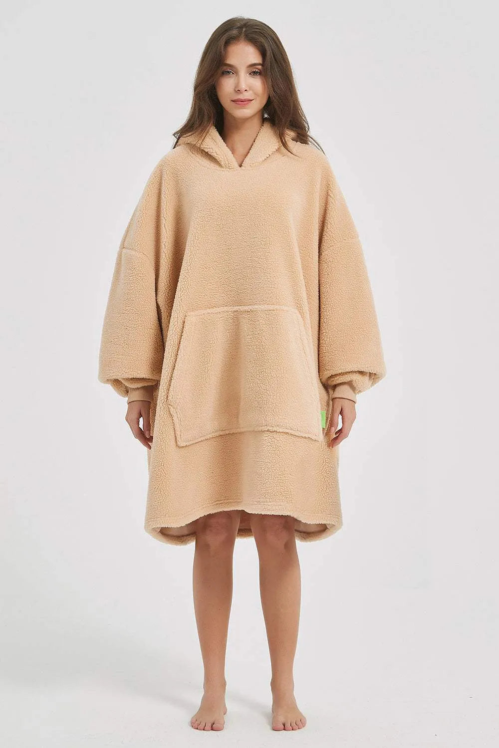 Lantern Sleeve Oversized Hooded Fuzzy Lounge Dress Tan One Size Sleep Dresses - Tophatter Daily Deals